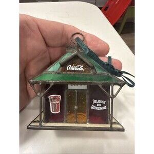 Coca-Cola Stained Glass Train Depot Ornament - Green Red Orange - Coke Soda Pop